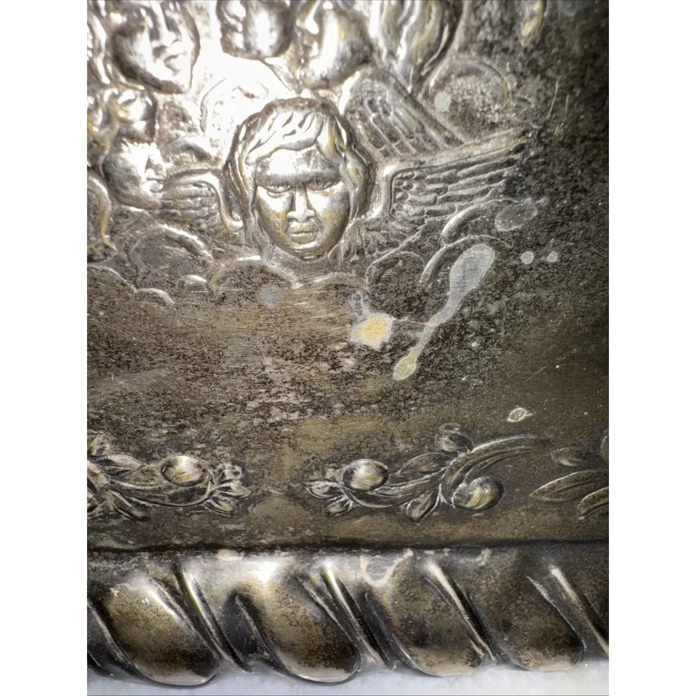 ANTIQUE SILVER PLATED - REYNOLDS ANGELS - EMBOSSED CARD‎ TRAY  1901, 11¾
